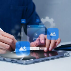 Board member using tablet showcasing AI ability